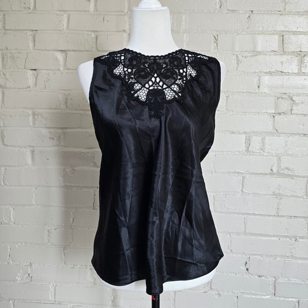 Whimsigoth Black Satin Camisole | Lace Yoke | Vintage Cinema Etoile Made in USA